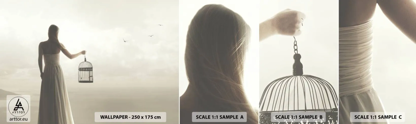 Échantillon De Papier Peint Standard Eco - Soi libre - Femme, Cage à oiseaux, Oiseau - 100x30 cm