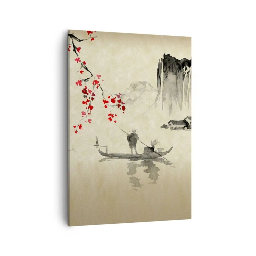 Impression sur toile - Image sur toile - Illustration orientale avec un bateau et une branche fleurie - 50x70cm - Au pays des cerisiers en fleurs - Décoration murale moderne pour le salon et la chambre ARTTOR
