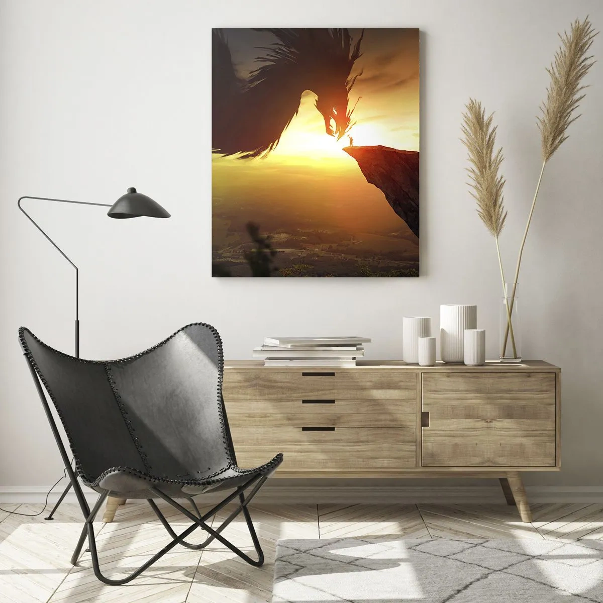 Impression sur verre - Image sur verre - Un dragon et un homme sur un rocher dans la lueur du soleil couchant - 70x100cm - Chasseur de dragon - Décoration murale moderne pour le salon et la chambre ARTTOR