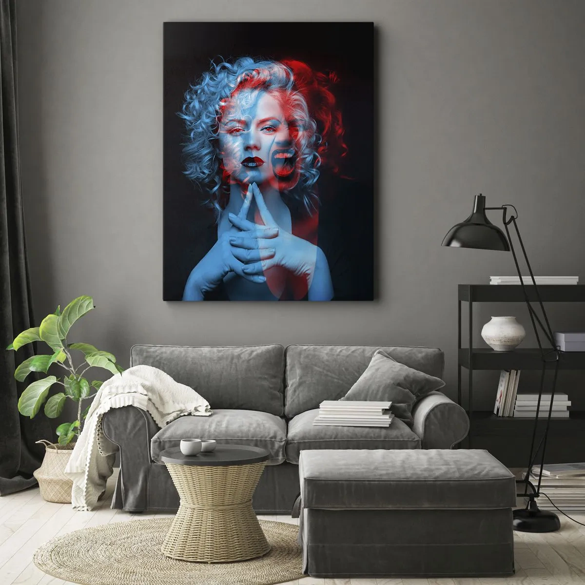 Impression sur toile - Image sur toile - Double portrait de femme en rouge et bleu - 70x100cm - Alter ego - Décoration murale moderne pour le salon et la chambre ARTTOR