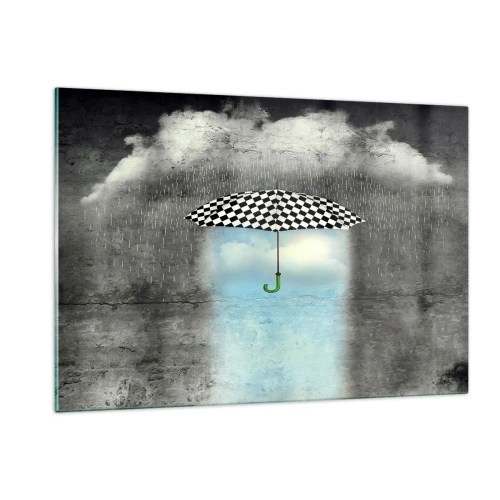 Impression sur verre - Image sur verre - Un parapluie à carreaux noir et blanc sur fond de pluie et de nuages - 120x80cm - Et pourtant c'est possible - Décoration murale moderne pour le salon et la chambre ARTTOR