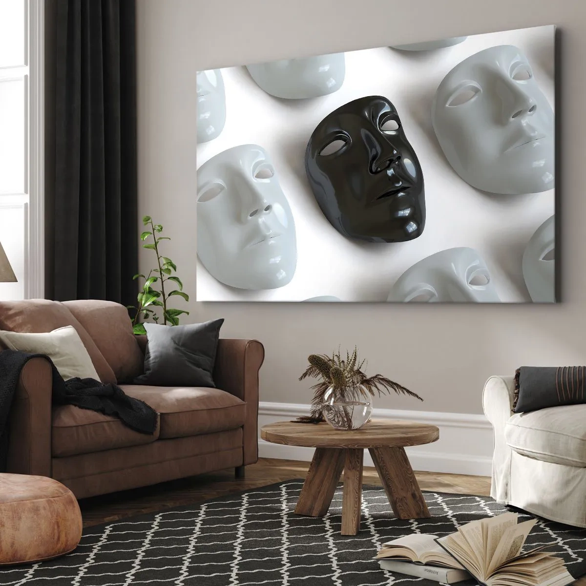 Impression sur toile - Image sur toile - Masques noirs et blancs sur fond clair - 120x80cm - Comment se démarquer ? - Décoration murale moderne pour le salon et la chambre ARTTOR