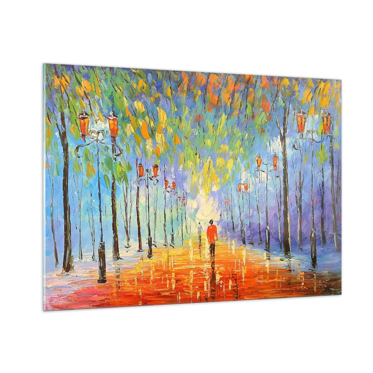 Impression sur verre - Image sur verre - Un parc coloré avec une allée et des lanternes dans un style pictural - 100x70cm - Chant nocturne de la pluie - Décoration murale moderne pour le salon et la chambre ARTTOR