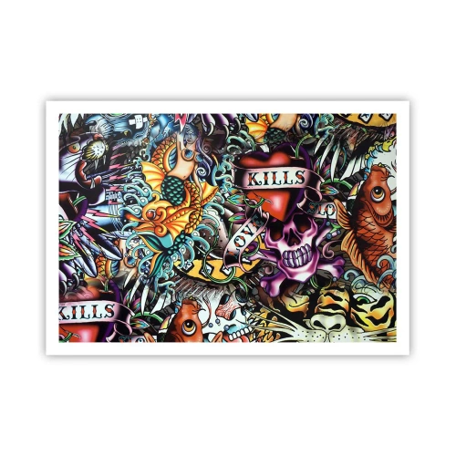 Affiche - Poster - Œuvre d'art colorée de style tatouage avec des crânes et des motifs nautiques - 100x70cm - Le rêve du tatoueur - Décoration murale moderne pour le salon et la chambre ARTTOR