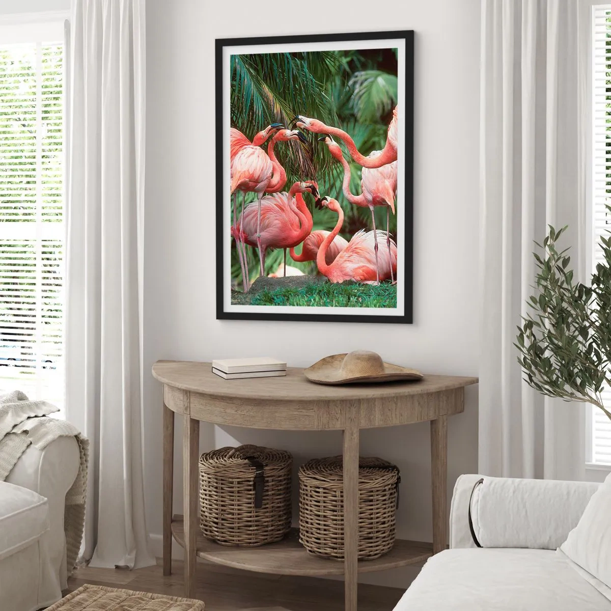 Affiche dans un cadre noir - Poster - Flamants roses dans un décor exotique de palmiers - 50x70cm - Potins d'après-midi - Décoration murale moderne pour le salon et la chambre ARTTOR