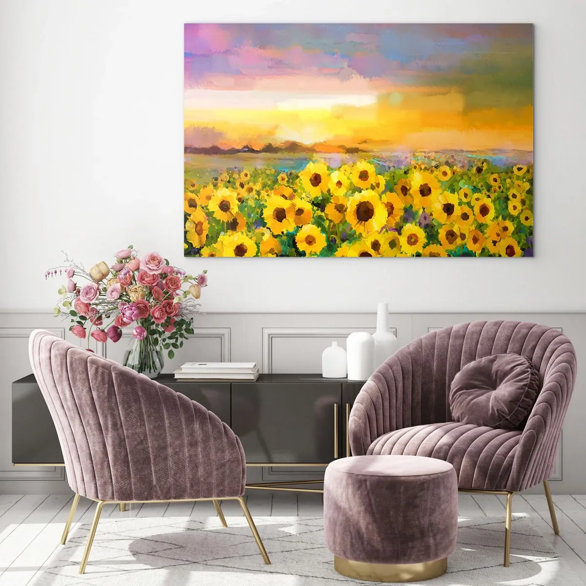 Impression sur verre - Image sur verre - Un champ de tournesols à la lumière du soleil couchant - 100x70cm - Le soleil lui-même est descendu sur terre - Décoration murale moderne pour le salon et la chambre ARTTOR