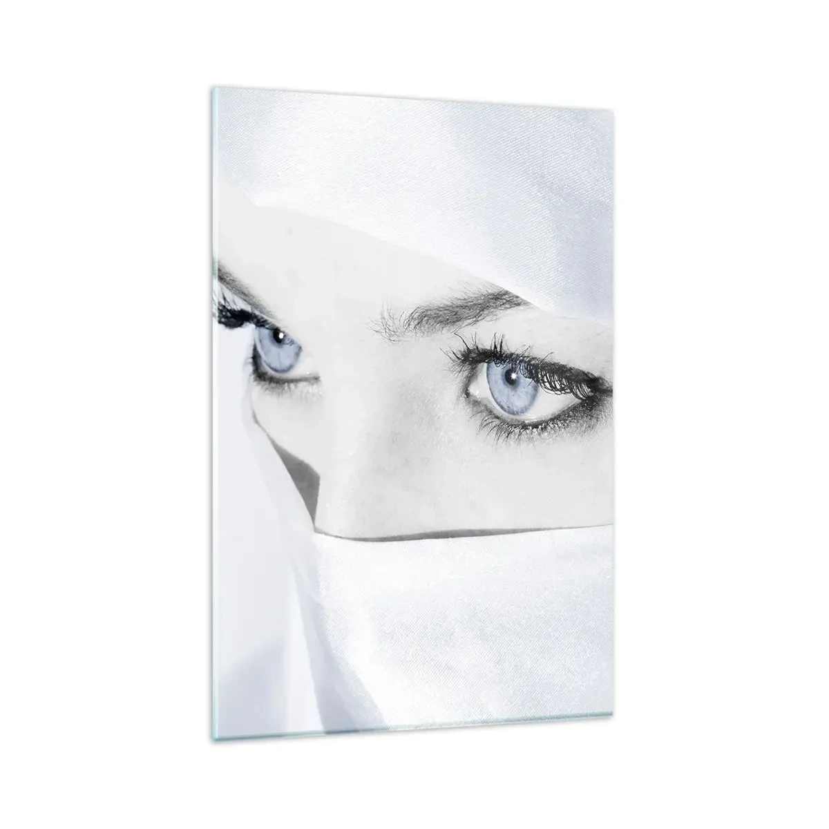 Impression sur verre - Image sur verre - Portrait d'une femme aux yeux bleus cachés derrière un voile blanc - 80x120cm - Directement des mille et une nuits - Décoration murale moderne pour le salon et la chambre ARTTOR