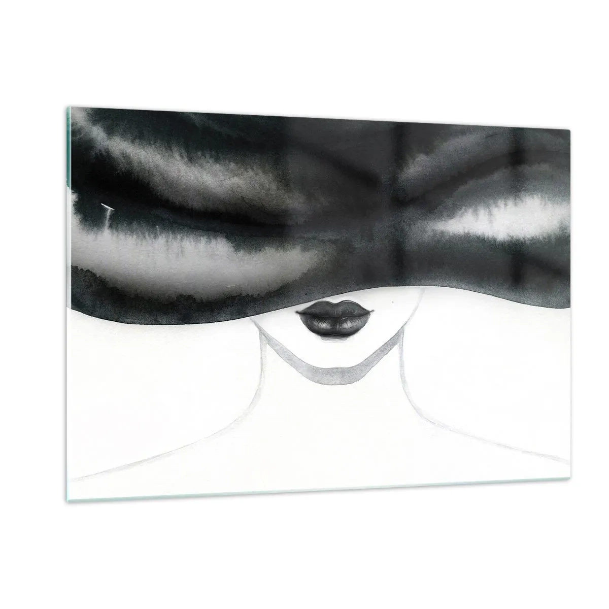 Impression sur verre - Image sur verre - Visage mystérieux aux yeux couverts à l'aquarelle noir et blanc - 120x80cm - Un mystère sensuel - Décoration murale moderne pour le salon et la chambre ARTTOR
