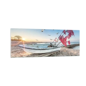 Impression sur verre - Image sur verre - Un bateau sur la plage à l'aube avec des mouettes et des drapeaux rouges - 140x50cm - Repos mérité - Décoration murale moderne pour le salon et la chambre ARTTOR