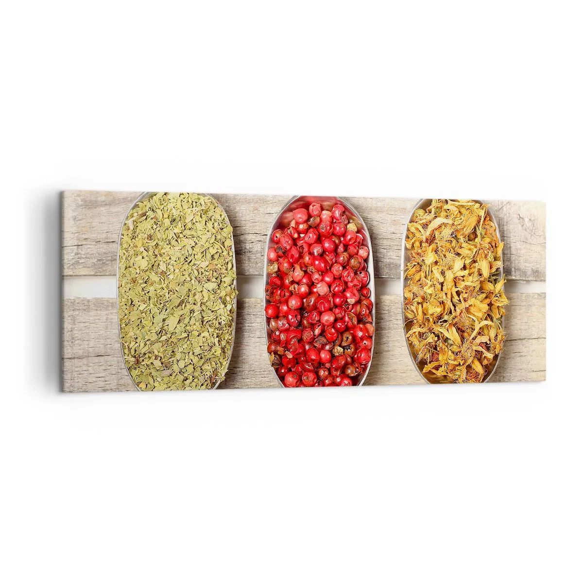 Impression sur toile - Image sur toile - Trois cuillères en métal avec des épices sur un fond en bois - 140x50cm - Magie de la cuisine - Décoration murale moderne pour le salon et la chambre ARTTOR