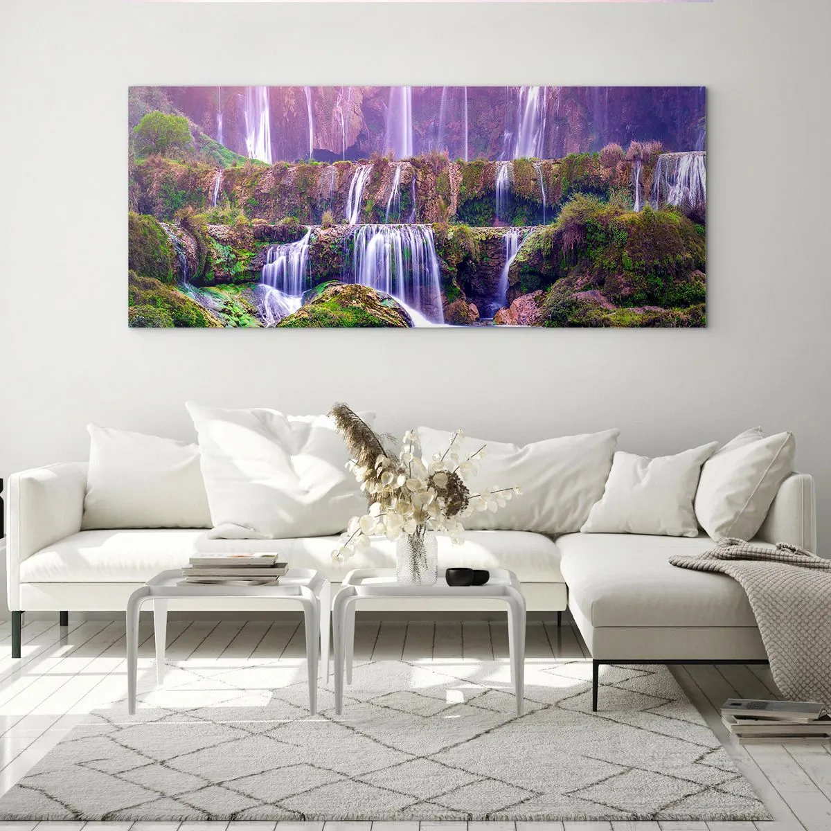 Impression sur verre - Image sur verre - Cascades entourées de verdure avec un éclairage pastel - 160x50cm - Escalier vers le ciel - Décoration murale moderne pour le salon et la chambre ARTTOR