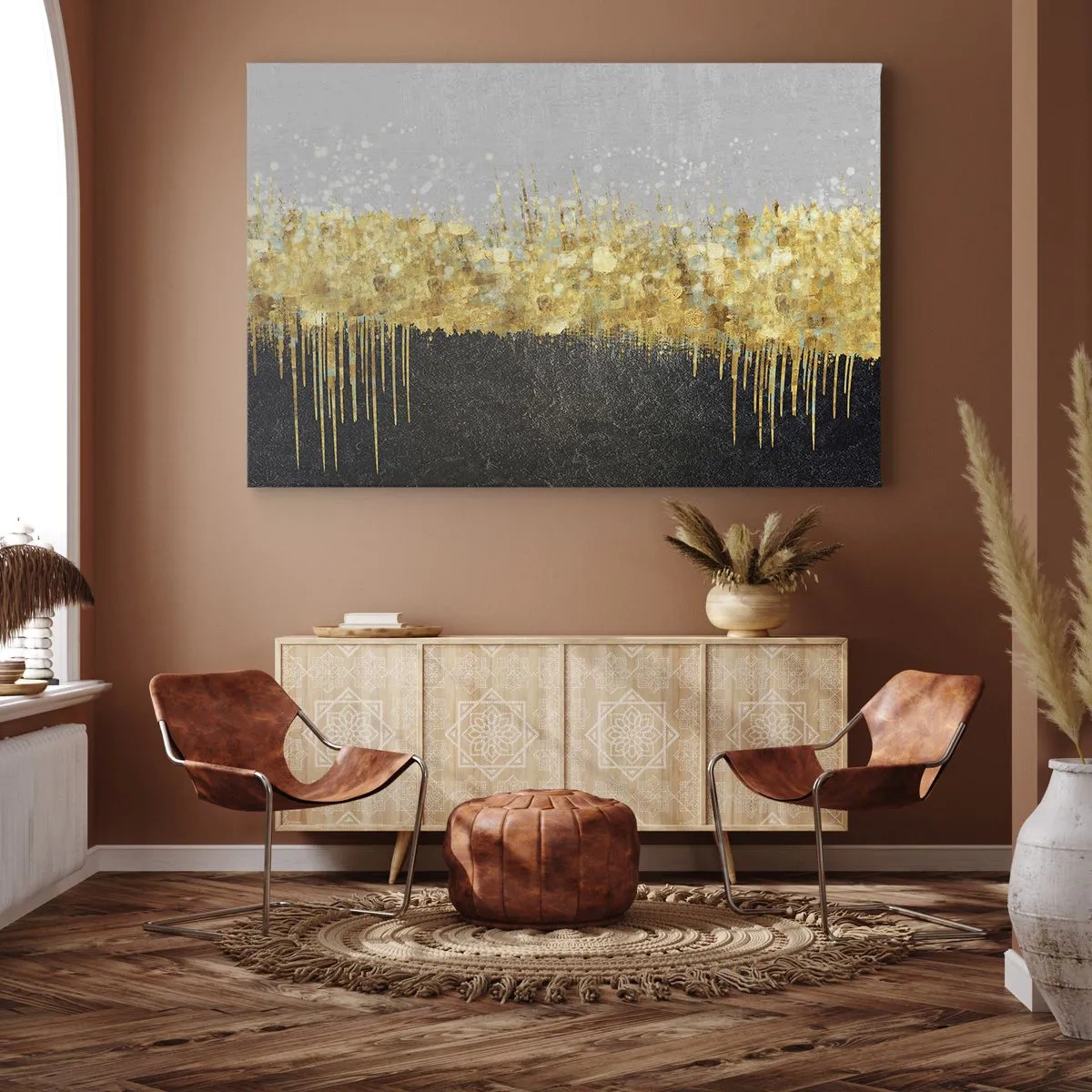 Impression sur toile - Image sur toile - Composition abstraite dans les tons d'or et de noir - 100x70cm - Vers l'intérieur et vers le haut - Décoration murale moderne pour le salon et la chambre ARTTOR