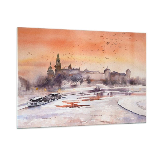 Impression sur verre - Image sur verre - Coucher de soleil sur le château royal et la rivière en hiver - 120x80cm - Coucher de soleil royal - Décoration murale moderne pour le salon et la chambre ARTTOR