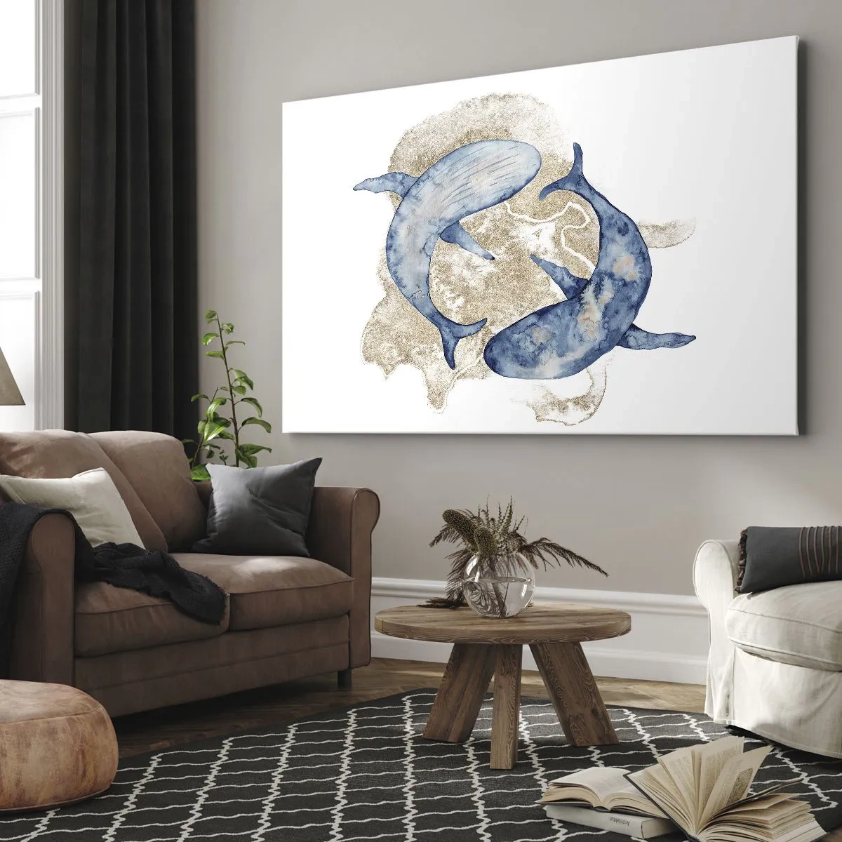 Impression sur toile - Image sur toile - Baleines bleues abstraites sur fond clair - 120x80cm - Amis ou amoureux? - Décoration murale moderne pour le salon et la chambre ARTTOR