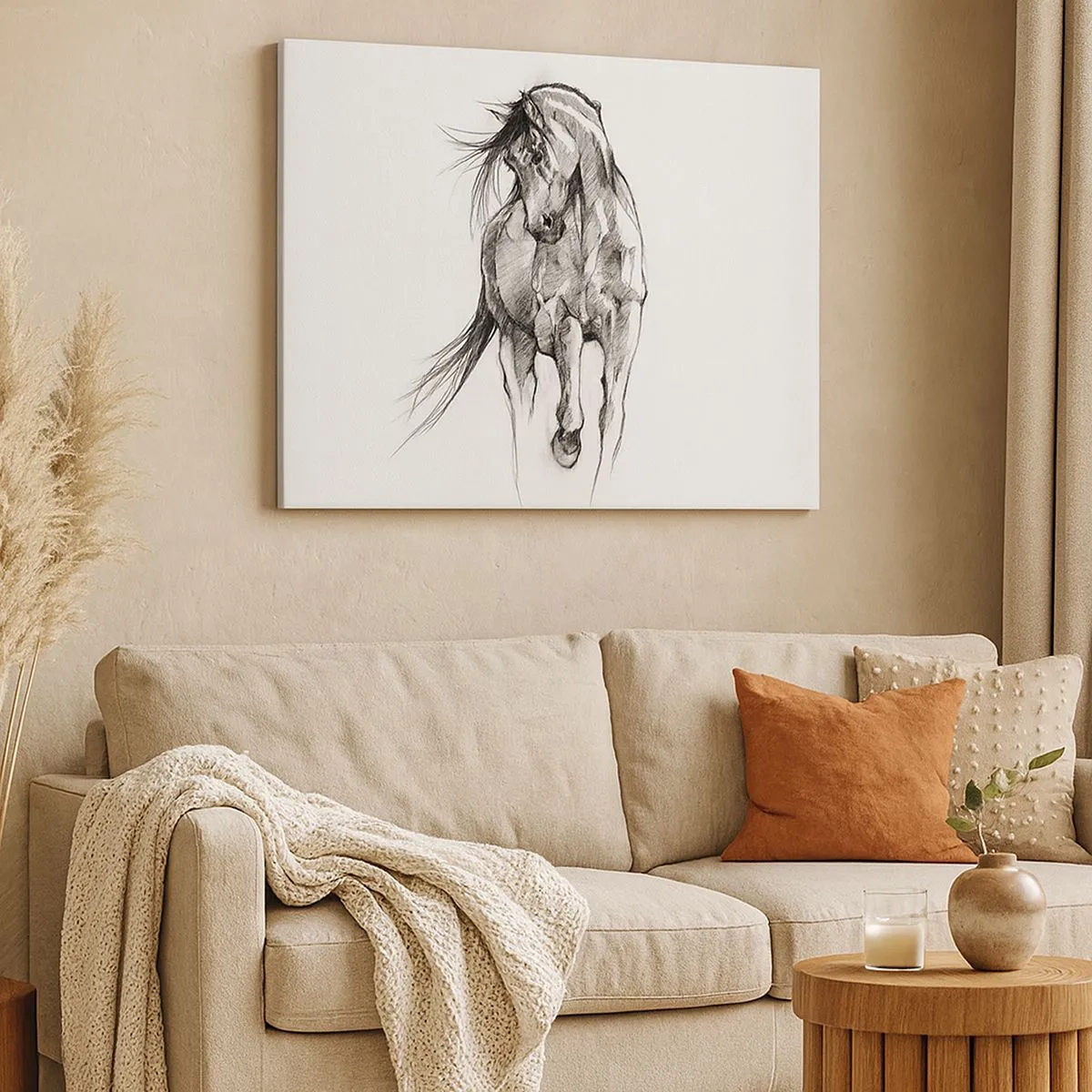 Impression sur toile - Image sur toile - Croquis en noir et blanc d'un cheval au galop - 70x50cm - D'un trot gracieux - Décoration murale moderne pour le salon et la chambre ARTTOR