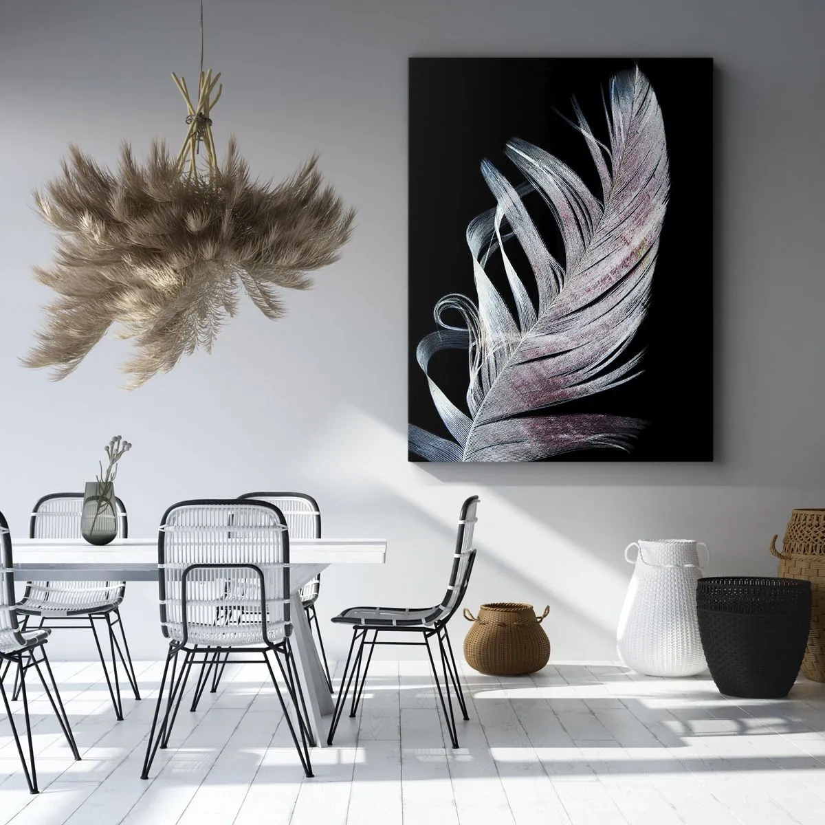 Impression sur toile - Image sur toile - Une plume délicate sur fond noir dans une démarche artistique - 80x120cm - Pensez au toucher - Décoration murale moderne pour le salon et la chambre ARTTOR