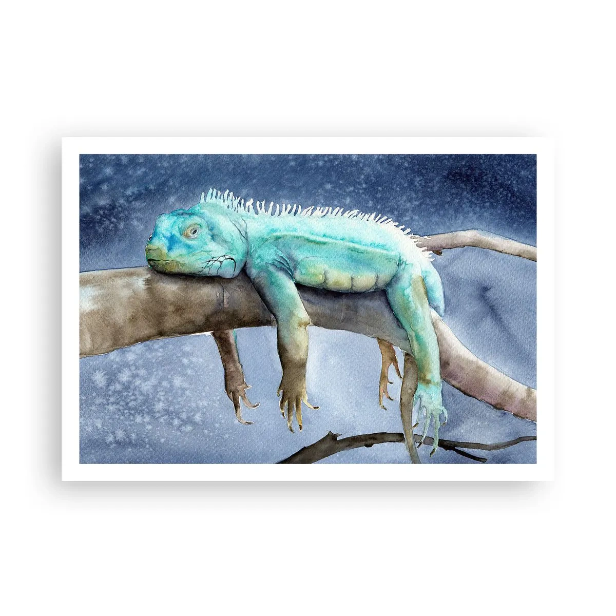Affiche - Poster - Iguane bleu reposant sur une branche - 100x70cm - Tout va bien! - Décoration murale moderne pour le salon et la chambre ARTTOR