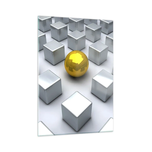 Impression sur verre - Image sur verre - Une sphère dorée entourée de cubes d'argent - 50x70cm - Pourquoi moi? Composition géométrique - Décoration murale moderne pour le salon et la chambre ARTTOR