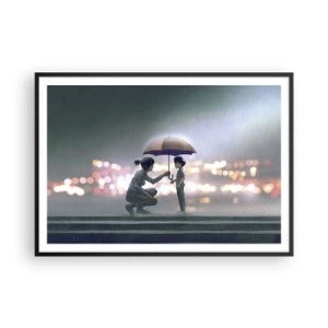 Affiche dans un cadre noir - Poster - Une silhouette avec un parapluie protégeant un enfant sur fond de lumières nocturnes. - 100x70cm - Et maintenant, tout va bien - Décoration murale moderne pour le salon et la chambre ARTTOR