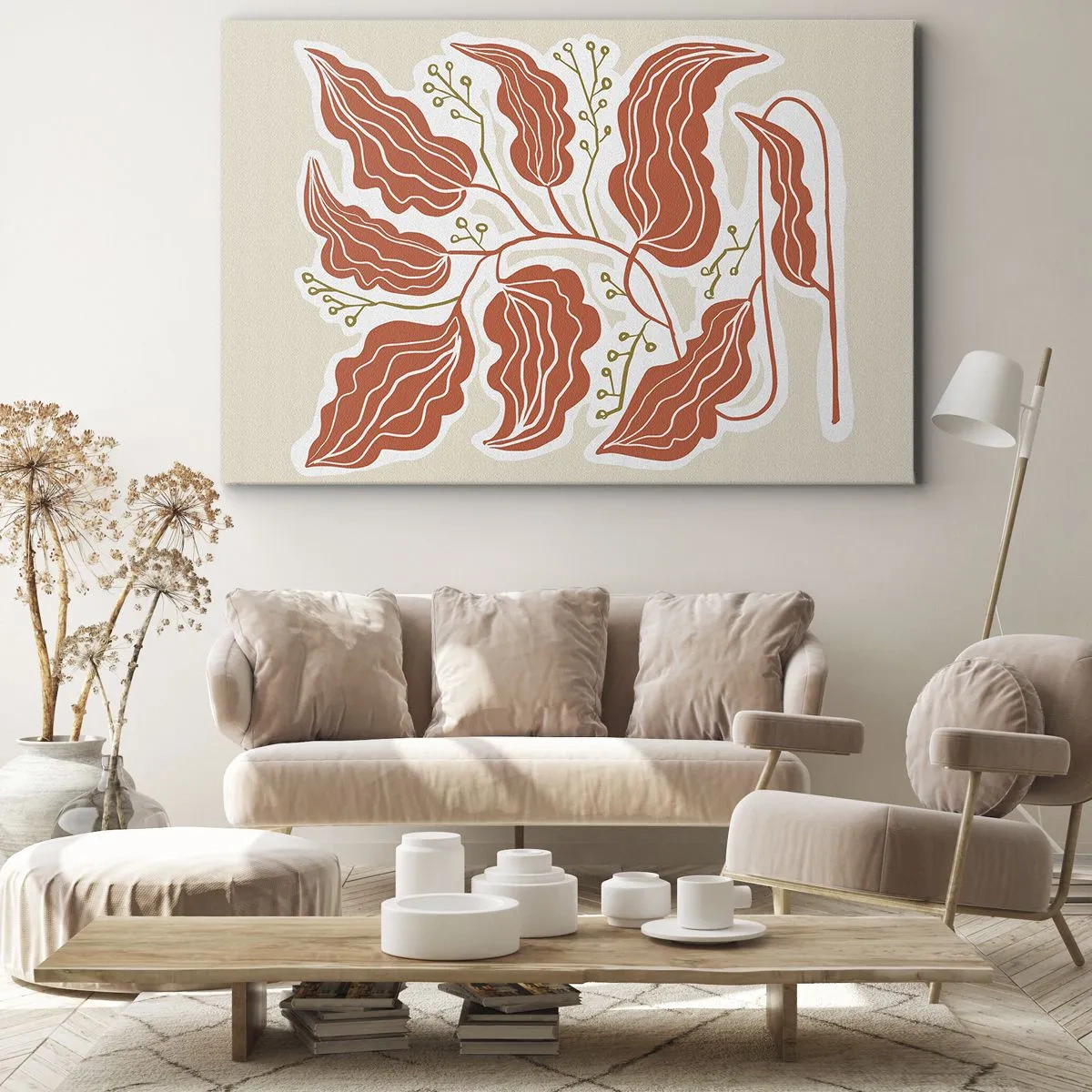 Impression sur toile - Image sur toile - Un motif de feuille minimaliste dans des tons orange et vert. - 70x50cm - Folk et coloré - Décoration murale moderne pour le salon et la chambre ARTTOR