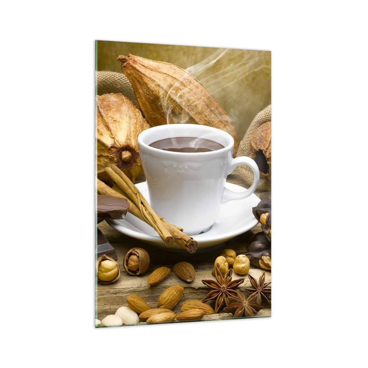 Impression sur verre - Image sur verre - Une tasse de chocolat chaud entourée de cacao et de cannelle - 70x100cm - Pour les amateurs de sensations fortes - Décoration murale moderne pour le salon et la chambre ARTTOR