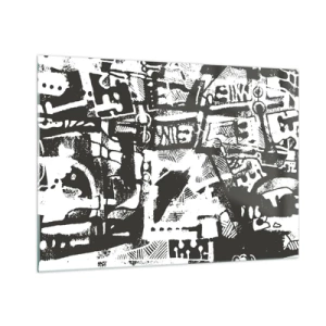 Impression sur verre - Image sur verre - Abstraction en noir et blanc avec des motifs géométriques et techniques - 100x70cm - Ordre ou chaos? - Décoration murale moderne pour le salon et la chambre ARTTOR