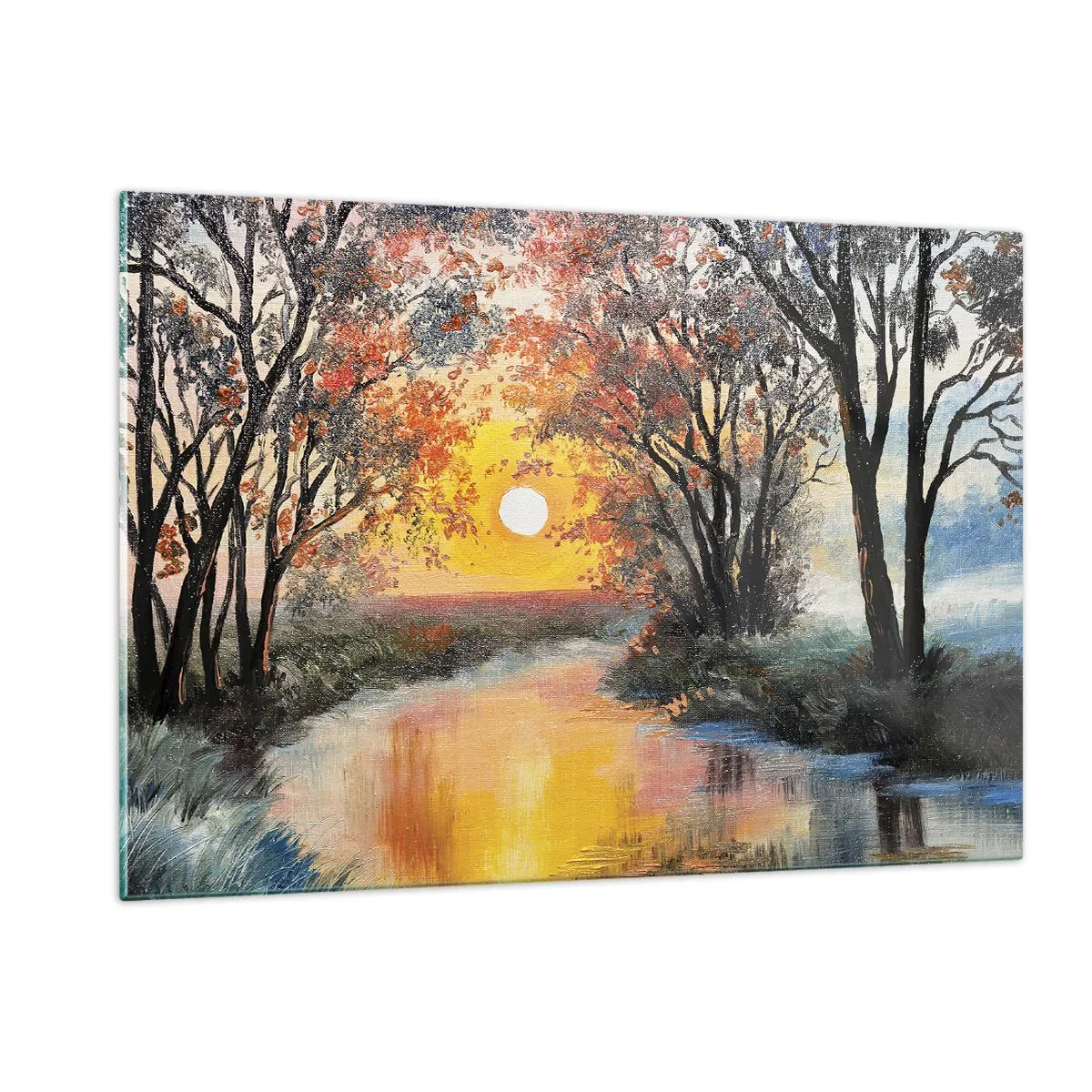 Impression sur verre - Image sur verre - Coucher de soleil sur la rivière parmi les arbres - 120x80cm - Climats de printemps - Décoration murale moderne pour le salon et la chambre ARTTOR