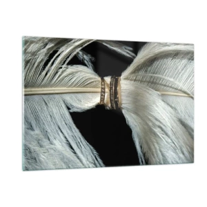 Impression sur verre - Image sur verre - Gros plan d'alliances sur des plumes blanches sur fond noir - 120x80cm - ... et je ne te laisserai pas ... - Décoration murale moderne pour le salon et la chambre ARTTOR