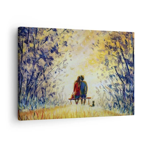 Impression sur toile - Image sur toile - Un couple assis sur un banc parmi les arbres d'automne au soleil - 70x50cm - Moment magique - Décoration murale moderne pour le salon et la chambre ARTTOR
