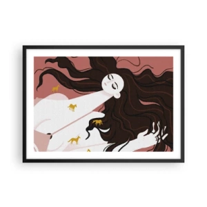 Affiche dans un cadre noir - Poster - Une silhouette aux yeux fermés entourée de chevaux dorés - 70x50cm - Rêve d'un cheval d'or - Décoration murale moderne pour le salon et la chambre ARTTOR