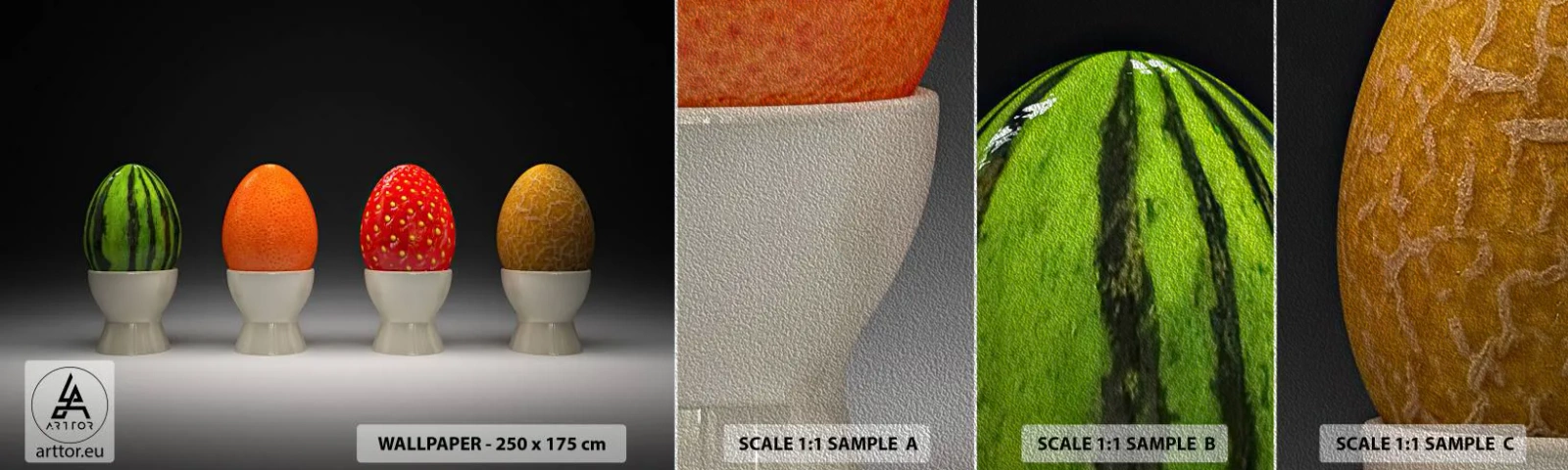 Échantillon de Papier Peint Premium Sand - Petit-déjeuner fruité - Abstraction, Fruit, Œuf - 100x30 cm