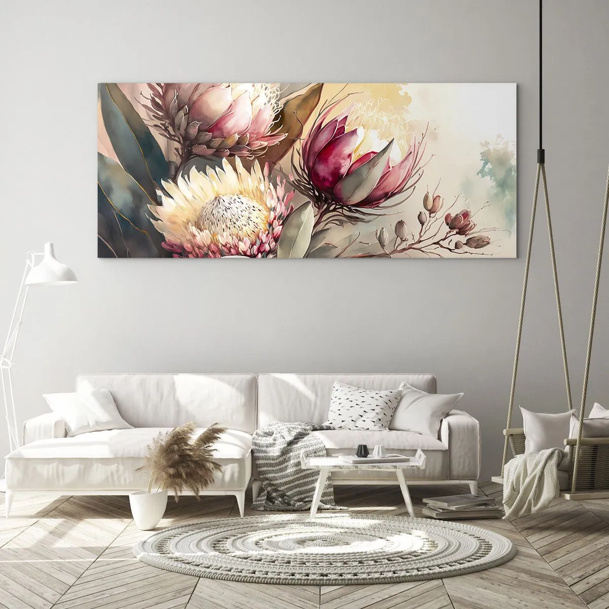 Impression sur verre - Image sur verre - Fleurs de Protea aux tons pastel délicats - 140x50cm - De profil et de face - Décoration murale moderne pour le salon et la chambre ARTTOR