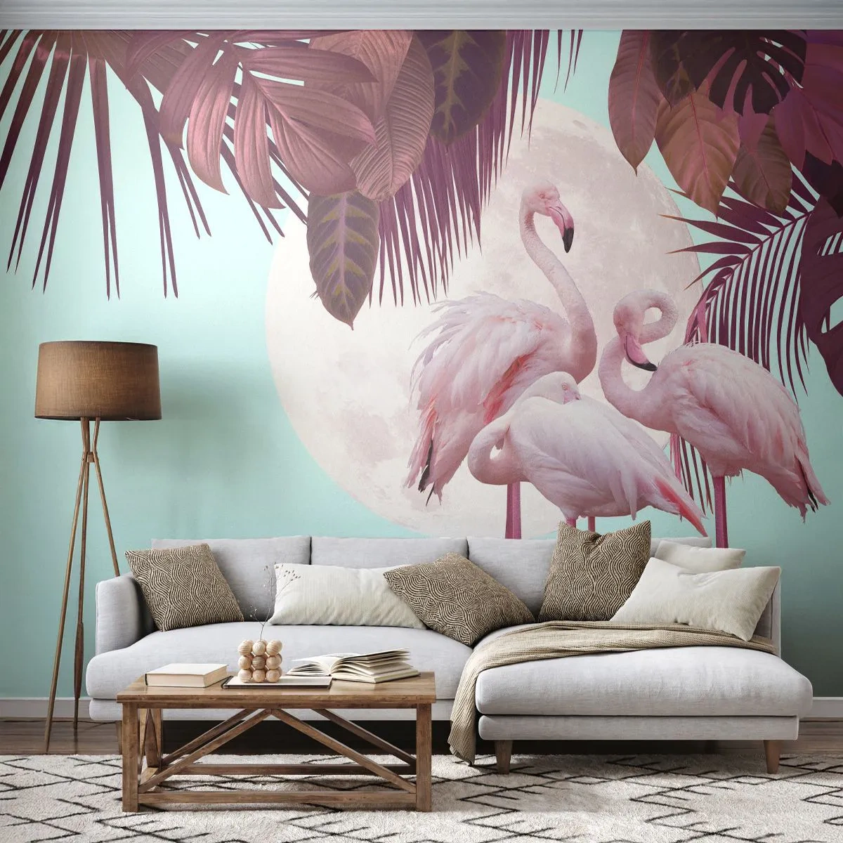 Papier Peint Photo Standard Eco - Trois oiseaux gracieux - Flamants roses, Des oiseaux, Nature - 200x140 cm