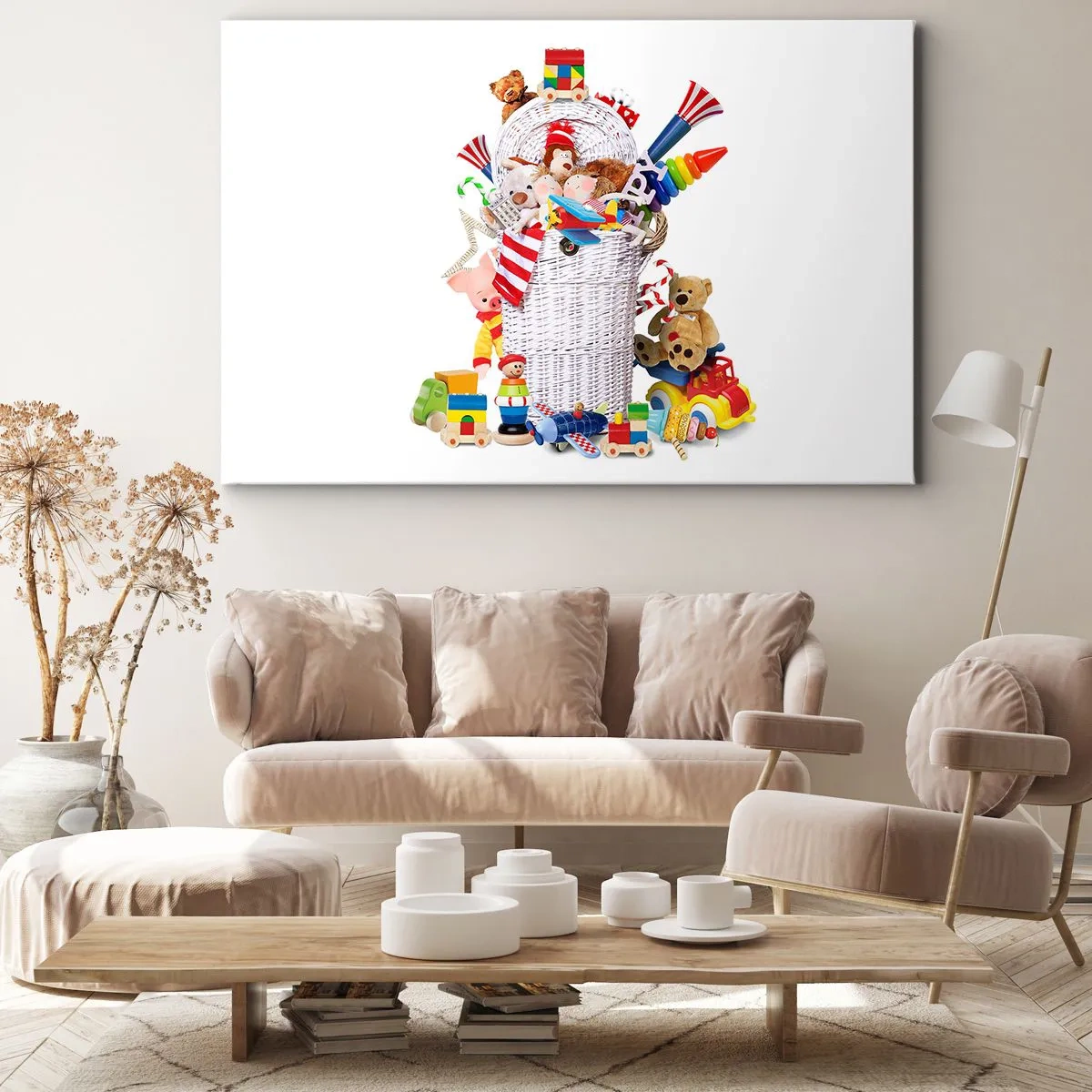 Impression sur toile - Image sur toile - Un panier coloré rempli de jouets pour enfants - 120x80cm - Trésors des tout-petits - Décoration murale moderne pour le salon et la chambre ARTTOR