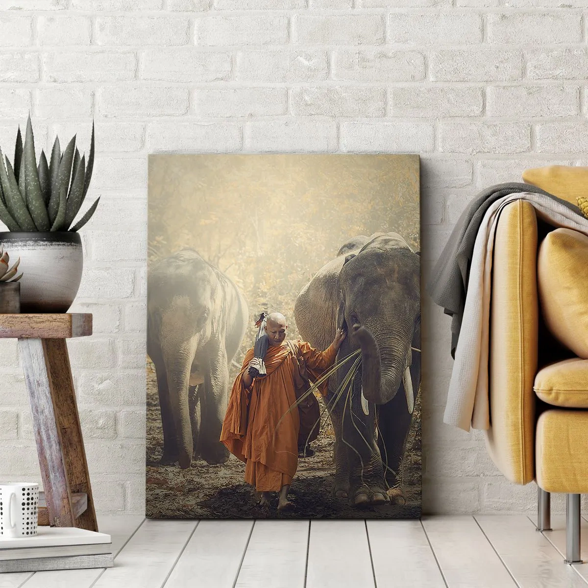 Impression sur toile - Image sur toile - Un moine en robe orange conduit un éléphant dans la forêt. - 50x70cm - Compréhension totale - Décoration murale moderne pour le salon et la chambre ARTTOR