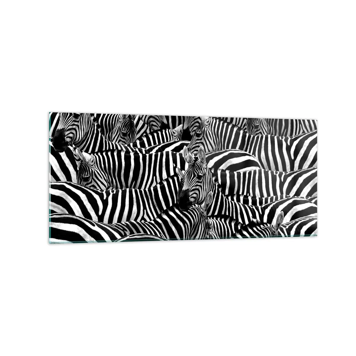 Impression sur verre - Image sur verre - Un groupe de zèbres avec des rayures noires et blanches créant un motif de symétrie. - 120x50cm - Portrait collectif à rayures - Décoration murale moderne pour le salon et la chambre ARTTOR