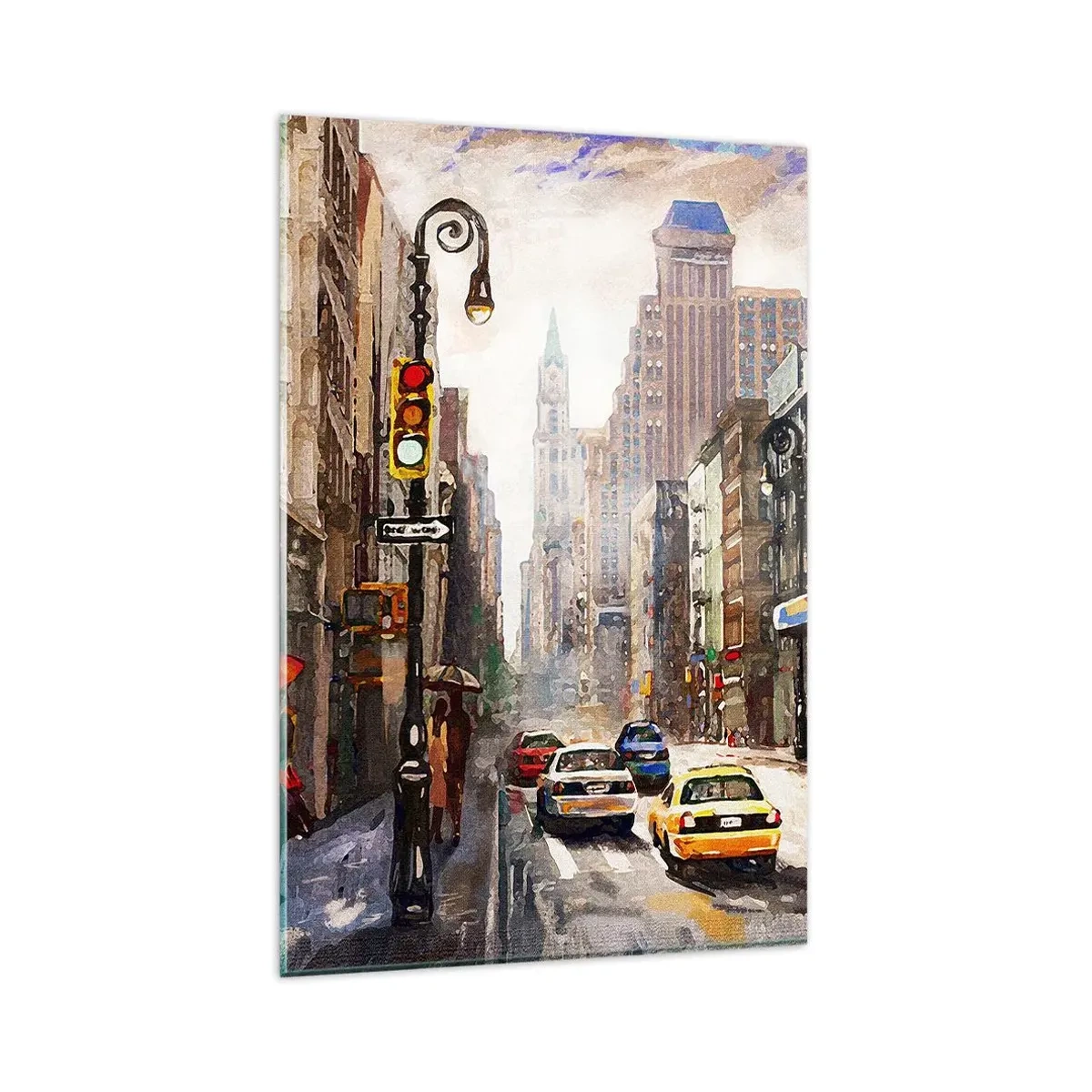Impression sur verre - Image sur verre - Paysage urbain avec une rue et des taxis jaunes - 80x120cm - New-Zork - coloré même sous la pluie - Décoration murale moderne pour le salon et la chambre ARTTOR