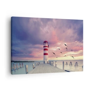 Impression sur toile - Image sur toile - Un phare sur la jetée entouré d'un coucher de soleil pittoresque - 70x50cm - C'est l'heure d'aller au port - Décoration murale moderne pour le salon et la chambre ARTTOR