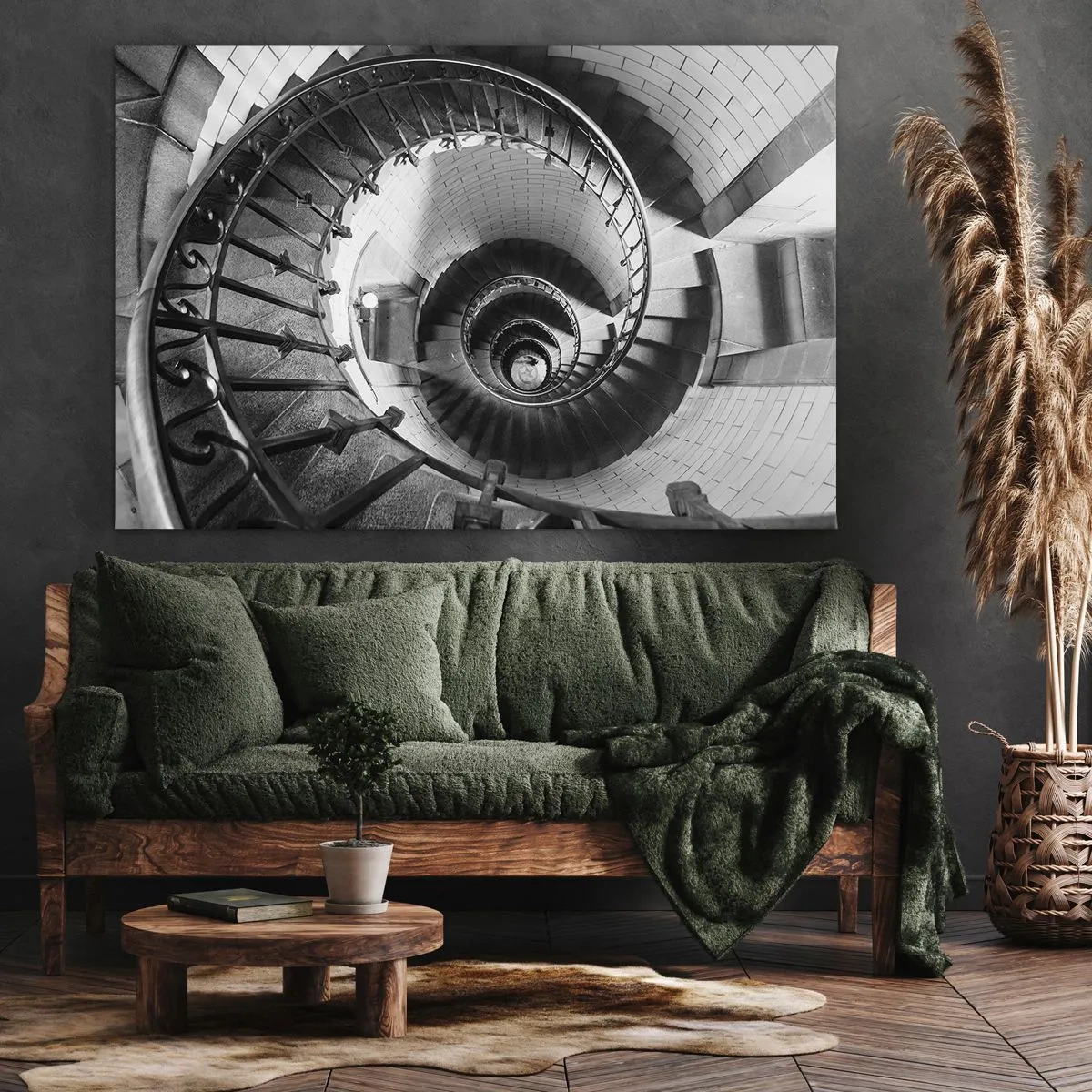 Impression sur toile - Image sur toile - Photographie en noir et blanc d'un escalier en colimaçon avec une perspective de haut en bas - 100x70cm - De plus en plus haut - Décoration murale moderne pour le salon et la chambre ARTTOR