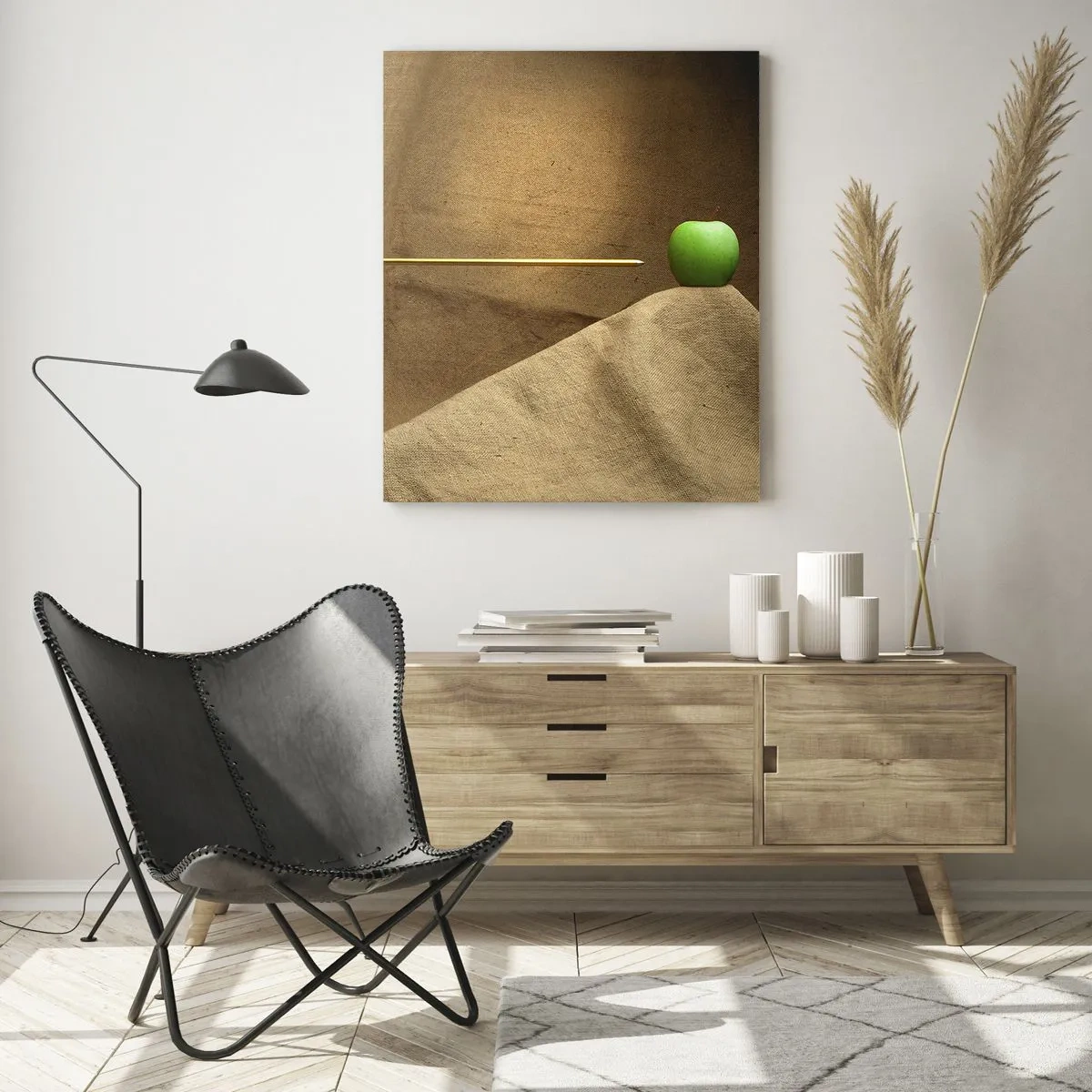 Impression sur verre - Image sur verre - Une pomme verte sur fond beige avec une flèche la transperçant. - 50x70cm - Invoquer l'esprit de Guillaume Tell - Décoration murale moderne pour le salon et la chambre ARTTOR