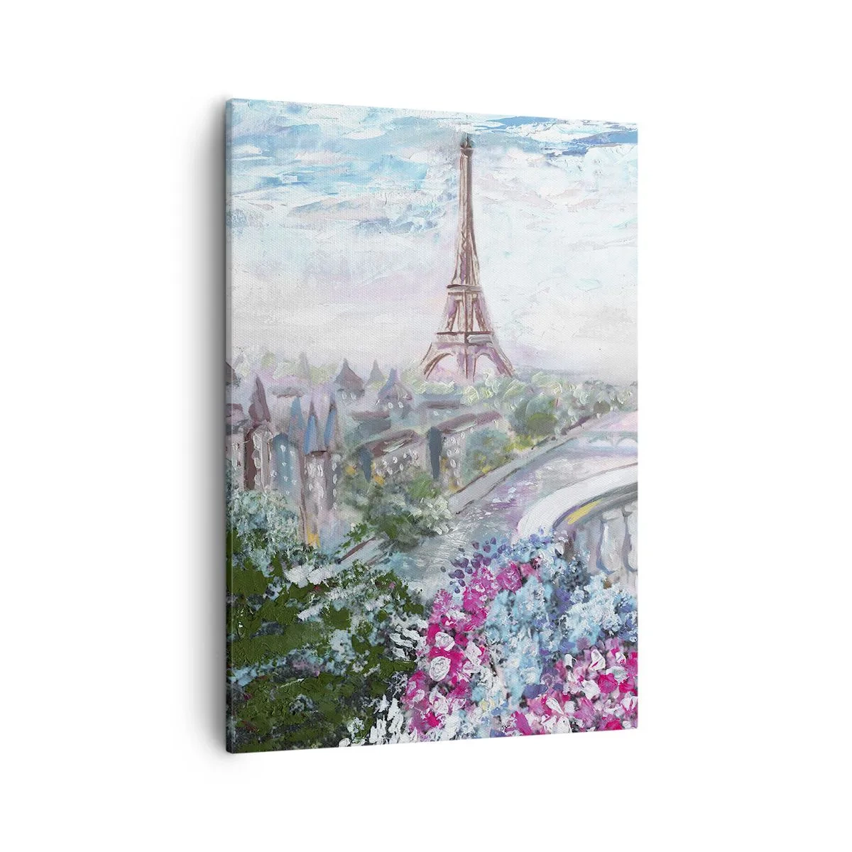 Impression sur toile - Image sur toile - Une vue romantique de Paris avec la Tour Eiffel et un balcon rempli de fleurs - 50x70cm - C'est le plus beau ici en mai - Décoration murale moderne pour le salon et la chambre ARTTOR