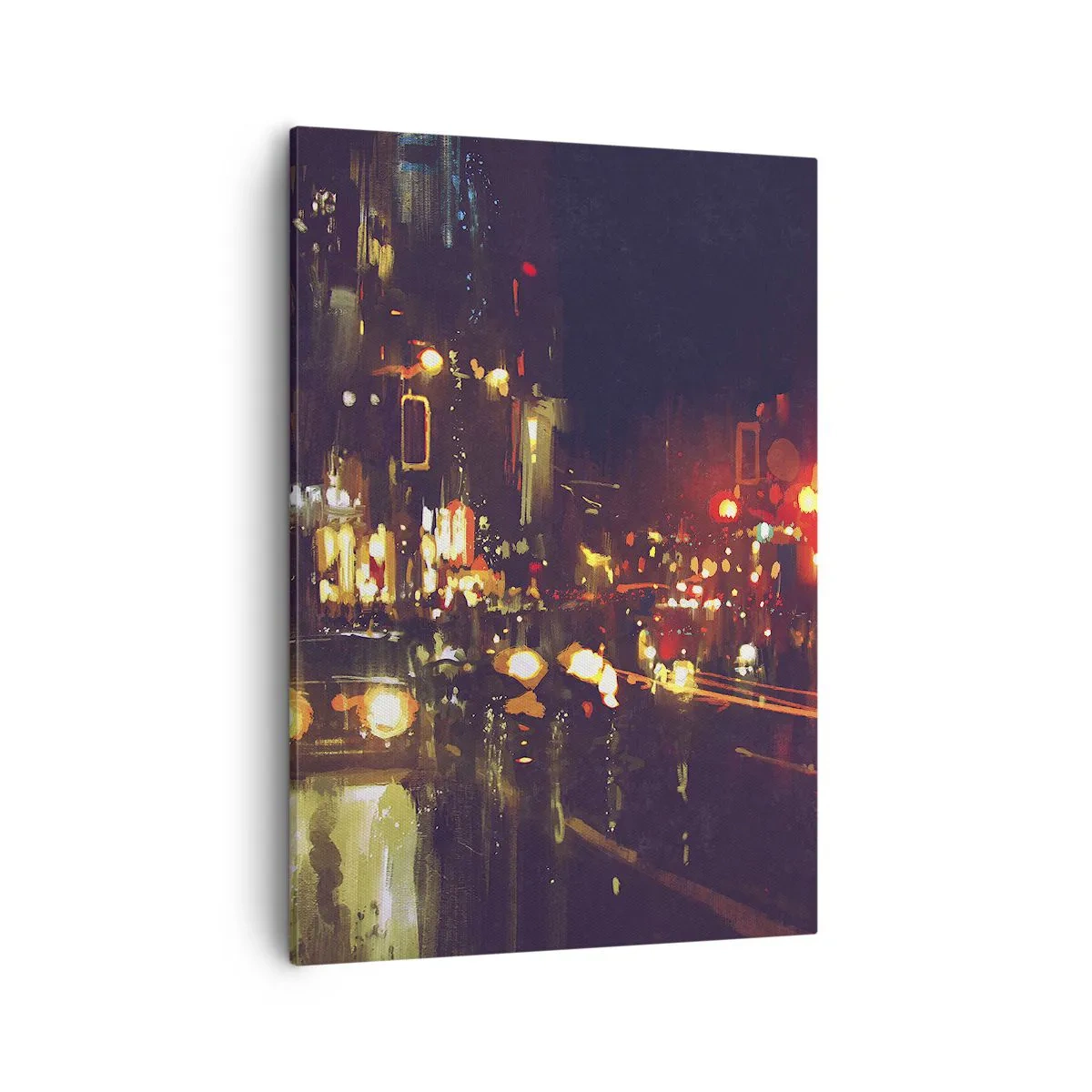 Impression sur toile - Image sur toile - Scène de ville nocturne avec des lumières colorées et des reflets dans la rue - 50x70cm - Immergé dans les lumières de la nuit - Décoration murale moderne pour le salon et la chambre ARTTOR