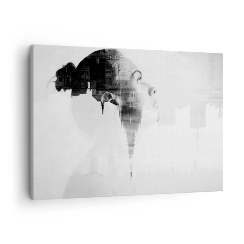 Impression sur toile - Image sur toile - Portrait d'une femme avec le contour d'une ville en arrière-plan, couleurs noir et blanc - 70x50cm - Des deux côtés du verre - Décoration murale moderne pour le salon et la chambre ARTTOR