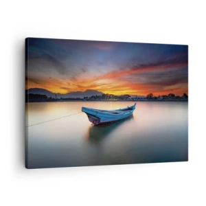 Impression sur toile - Image sur toile - Un bateau sur l'eau pendant un coucher de soleil pittoresque - 70x50cm - Une bonne nuit arrive - Décoration murale moderne pour le salon et la chambre ARTTOR