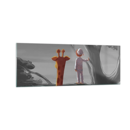 Impression sur verre - Image sur verre - Un enfant et une girafe sur une branche d'arbre dans un paysage de conte de fées - 140x50cm - Cela arrive vraiment - Décoration murale moderne pour le salon et la chambre ARTTOR