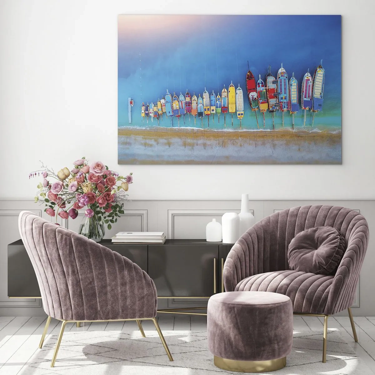 Impression sur verre - Image sur verre - Bateaux colorés sur le rivage de la mer turquoise - 70x50cm - Une vue à vol d'oiseau - Décoration murale moderne pour le salon et la chambre ARTTOR