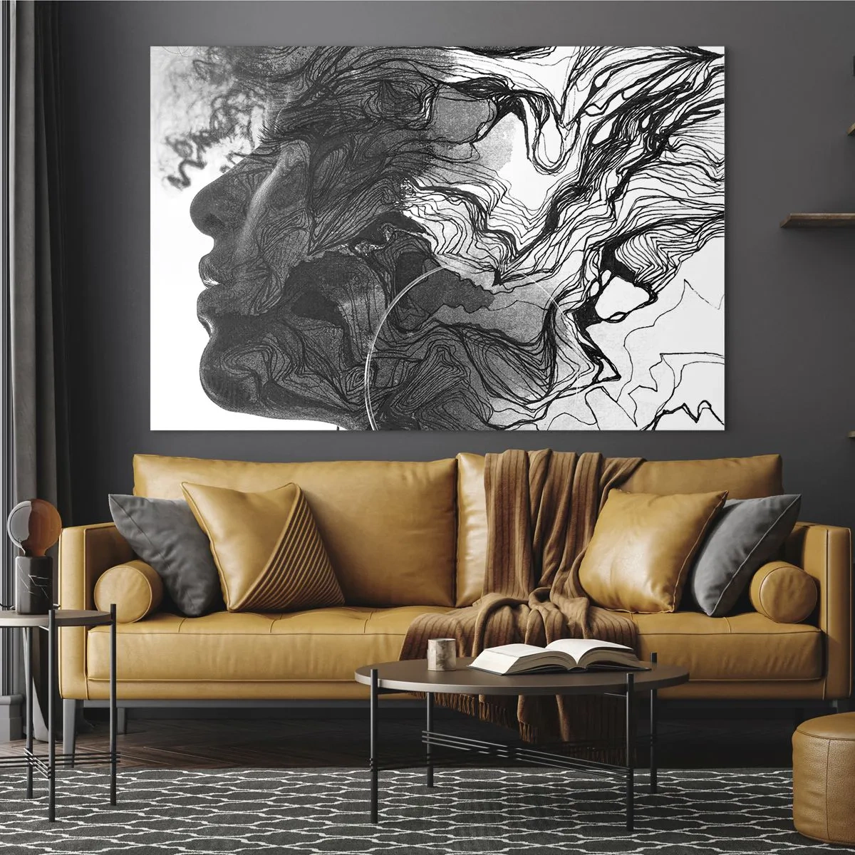 Impression sur verre - Image sur verre - Silhouette noire et blanche d'une femme avec des lignes abstraites - 120x80cm - Emmêlé dans les rêves - Décoration murale moderne pour le salon et la chambre ARTTOR