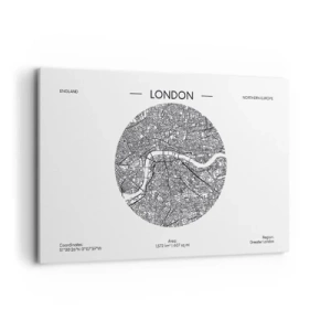 Impression sur toile - Image sur toile - Une carte minimaliste de Londres en noir et blanc avec des détails précis. - 120x80cm - Anatomie de Londres - Décoration murale moderne pour le salon et la chambre ARTTOR