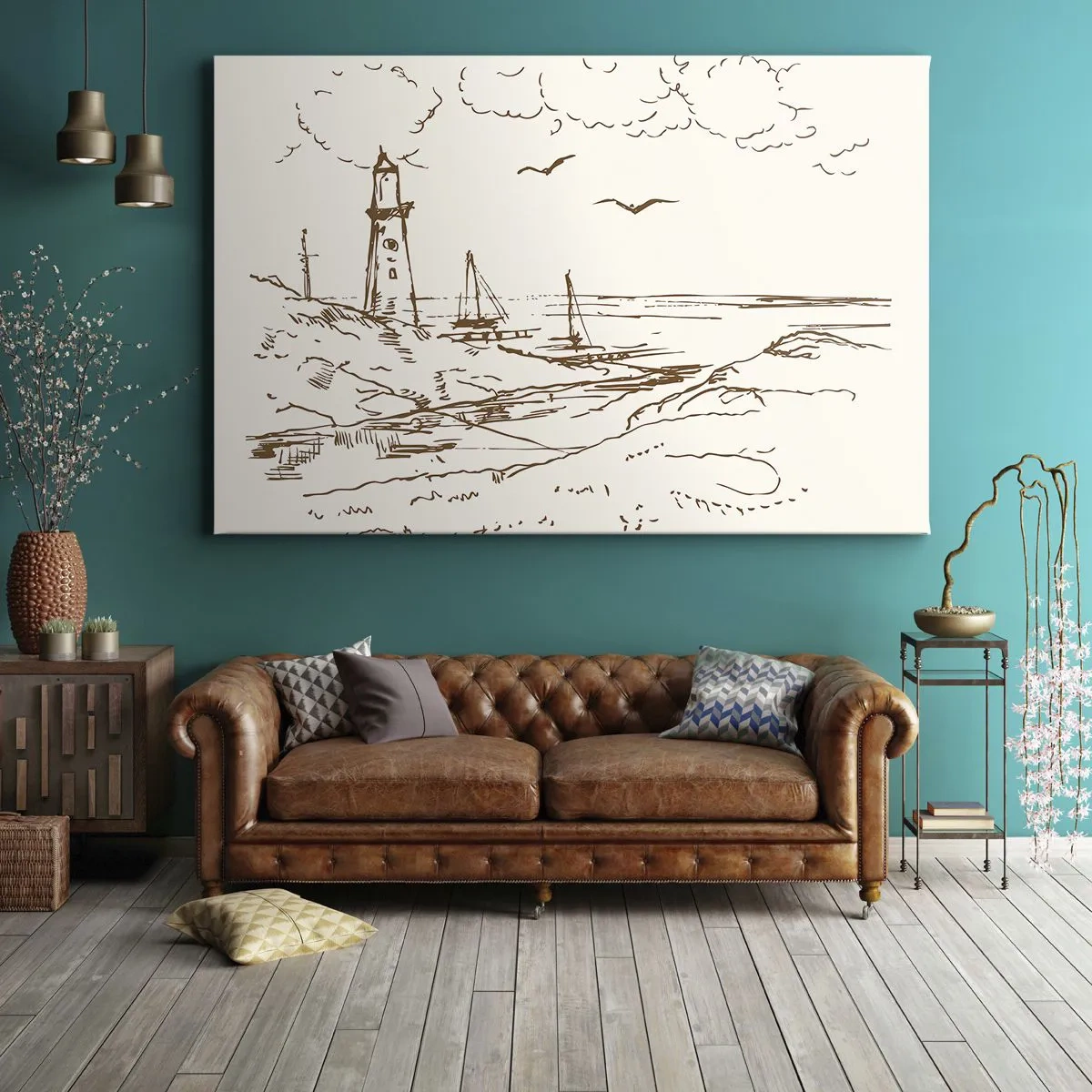 Impression sur toile - Image sur toile - Croquis d'un phare surplombant la mer - 70x50cm - Esquisse de souvenirs d'été - Décoration murale moderne pour le salon et la chambre ARTTOR