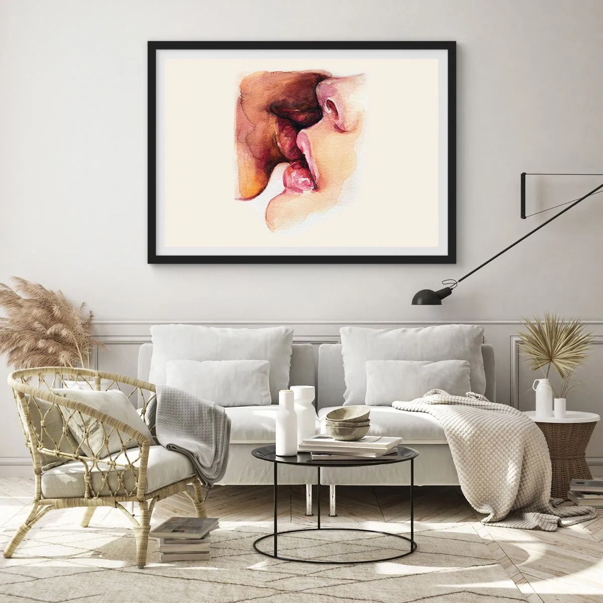 Affiche dans un cadre noir - Poster - Une aquarelle représentant un gros plan d'un visage - 70x50cm - Comme le jour et la nuit, la terre et le ciel - Décoration murale moderne pour le salon et la chambre ARTTOR